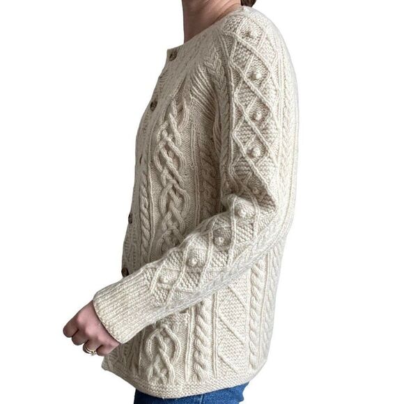 Vintage Hand Knit Womens White 100% Wool Fisherman Chunky Knit Cardigan Sz M - Picture 4 of 9